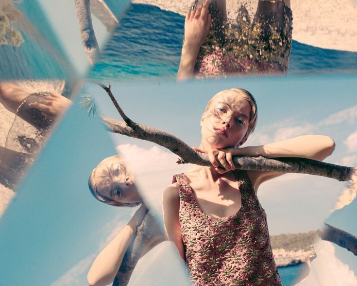 A woman at the coast seen through fragmented reflections