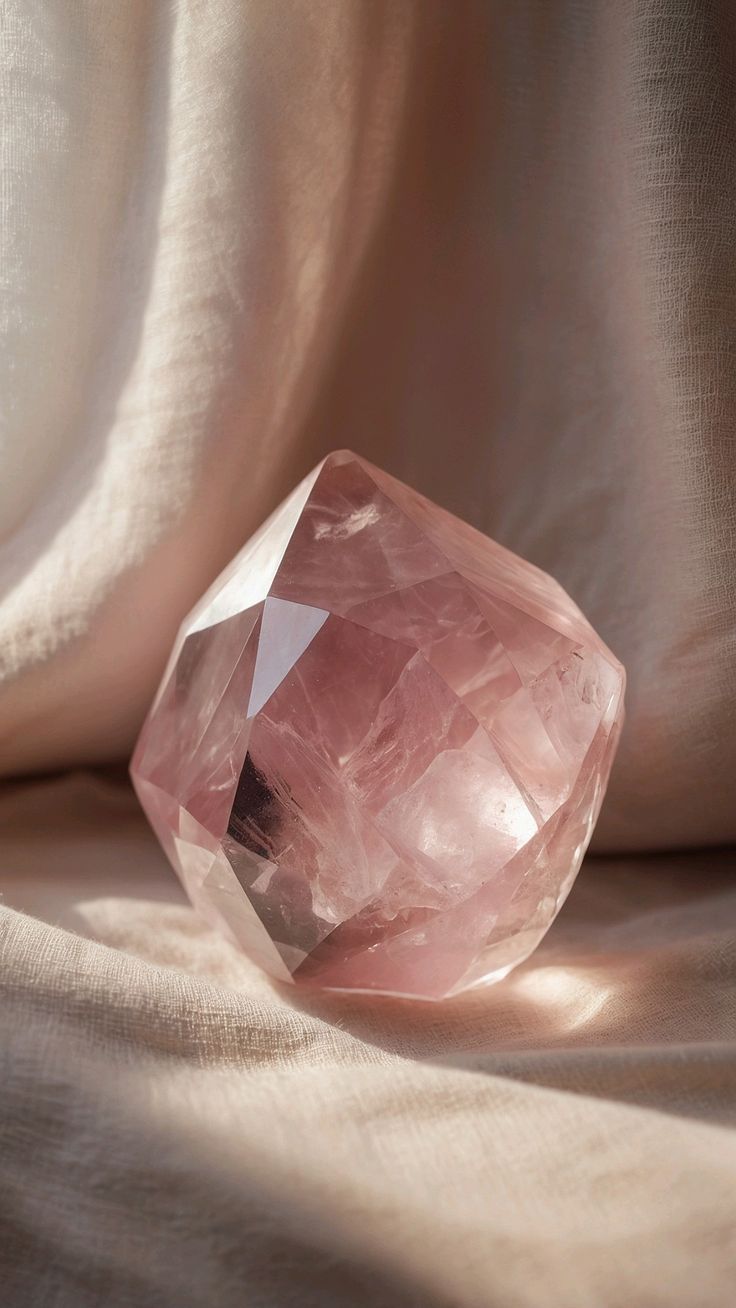 A rose-coloured crystal against fabric