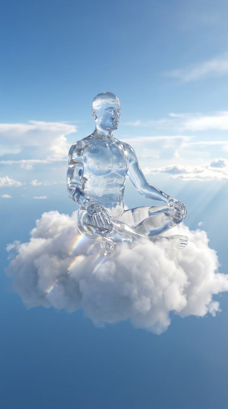 A transparent human figure among clouds
